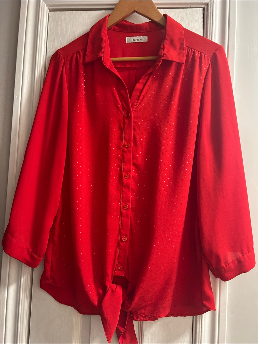 mandee Red Button-Front Tie-Hem Blouse